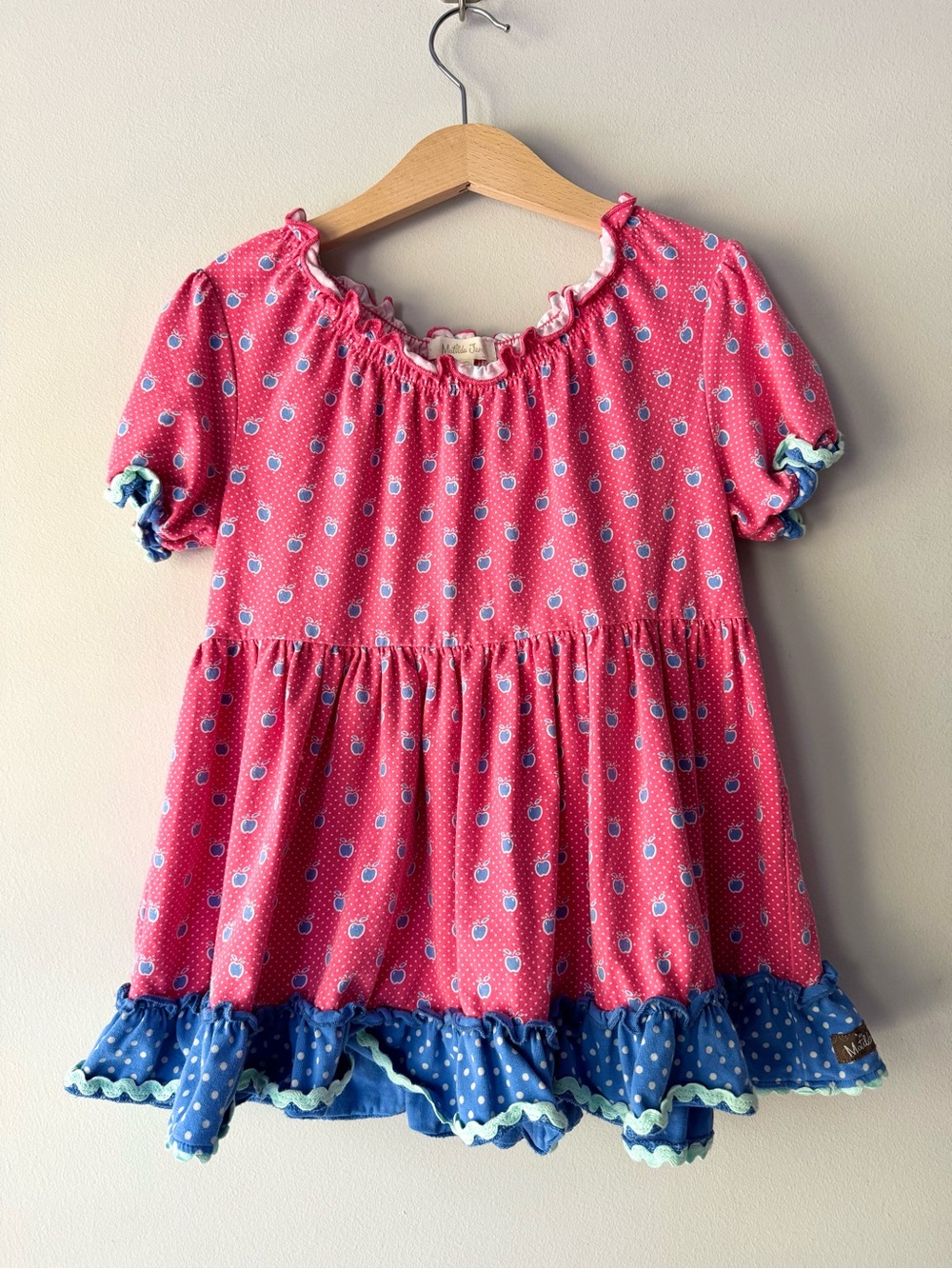 Matilda Jane Apple and Polka Dot Ruffle Short Sleeve Shirt with Blue Trim